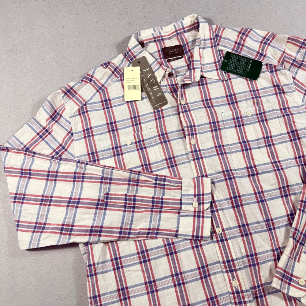 Jachs NY Men XXL Classic Fit Plaid Button Down Shirt White Red Blue NWT J19B-205